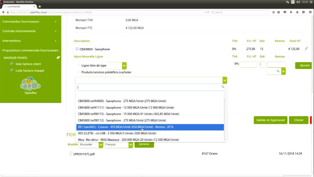 Création d’une commande fournisseurs ajout produits openflex