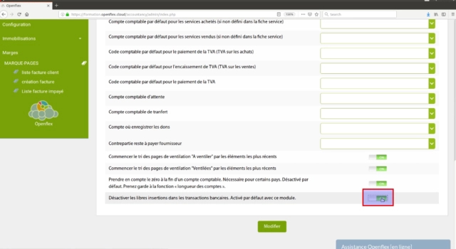 configuration du module comptabilité - bouton l’option d'activation ou desactivation