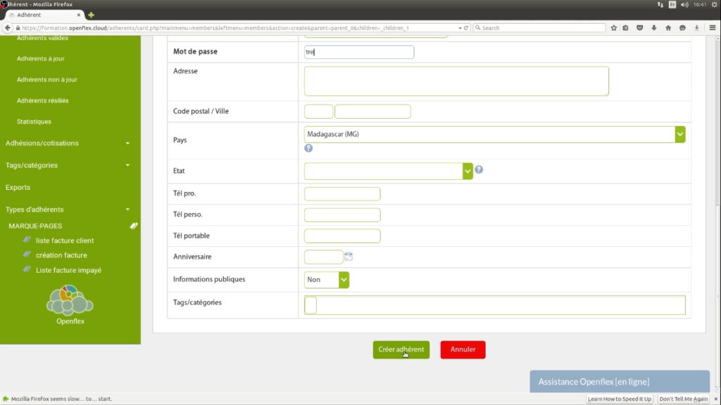 Création d’adhérents- créer adhérent openflex
