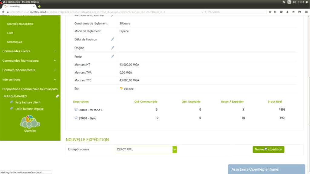 Édition d’un bon d’expédition et de réception nouvelle expédition openflex