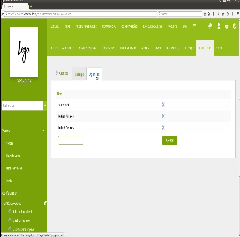 Configuration du module billetterie agence openflex
