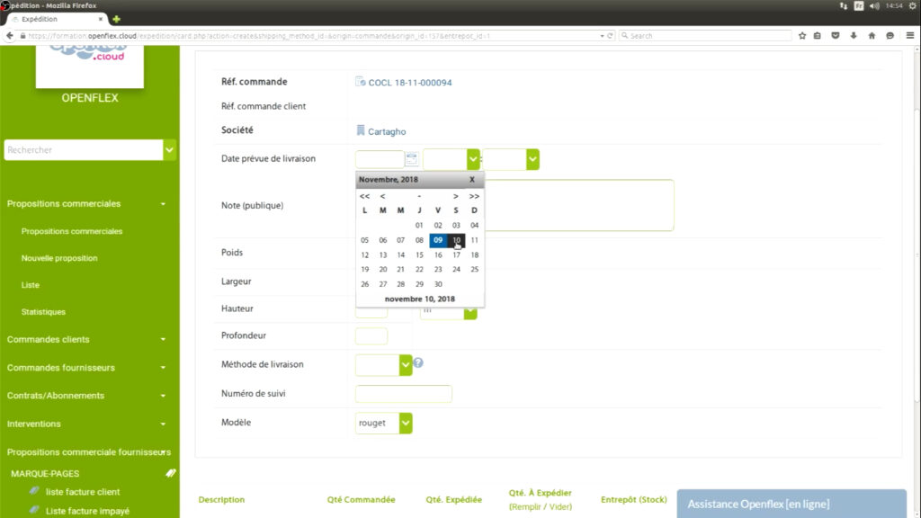 Édition d’un bon d’expédition et de réception date de livraison openflex