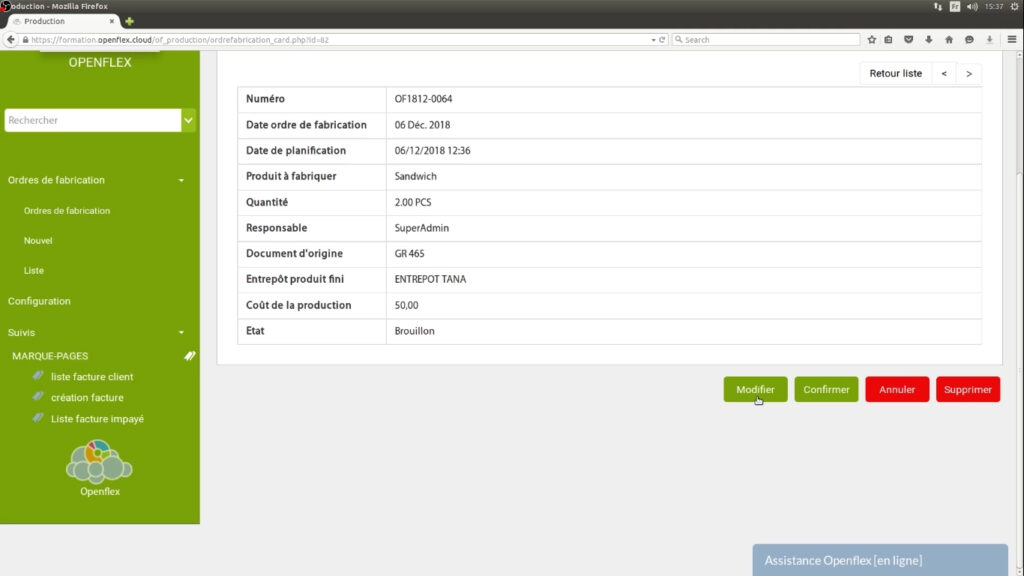 Création d’un ordre de fabrication modifier openflex