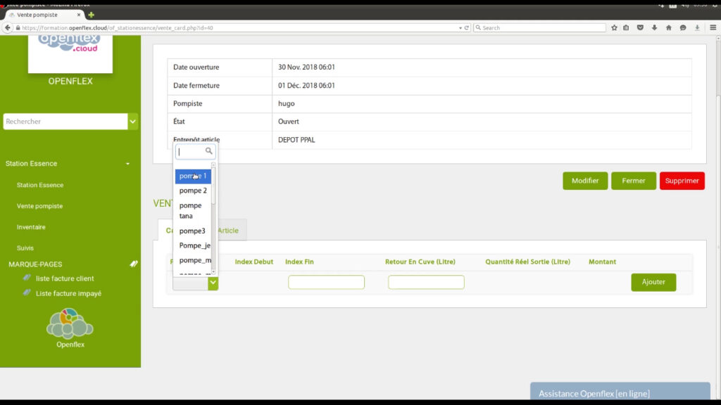 Enregistrement ventes et versements pompiste sélectionnez le pompe openflex