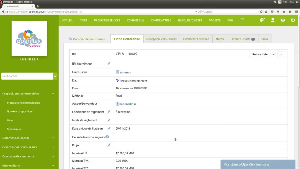 Réception des commandes fournisseurs statut openflex