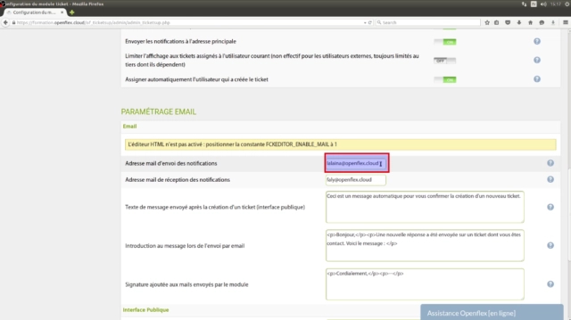 Configuration du module Support client-adresse mail openflex
