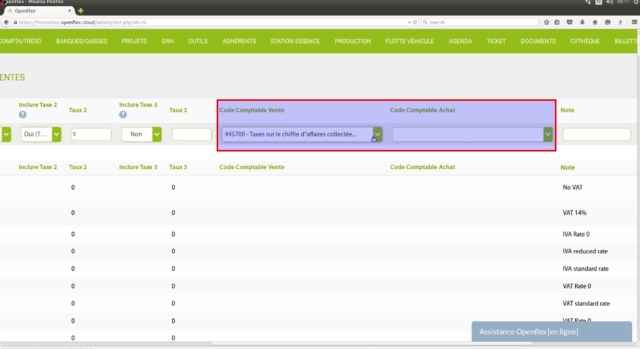 Ajout de taxes dans le dictionnaire-code comptable openflex