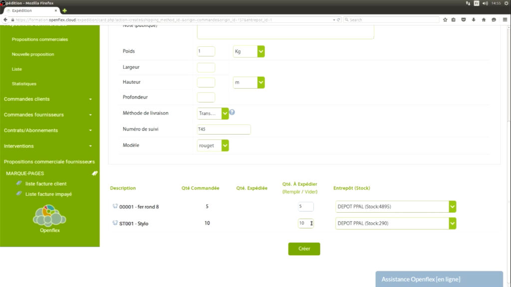 Édition d’un bon d’expédition et de réception  quantité à expédier openflex