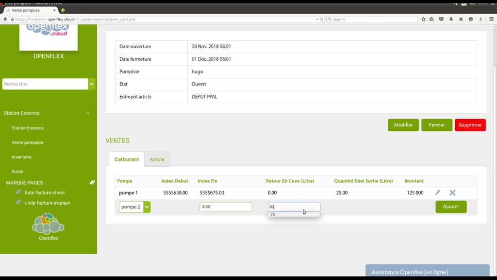 Enregistrement ventes et versements pompiste retour en cuve openflex