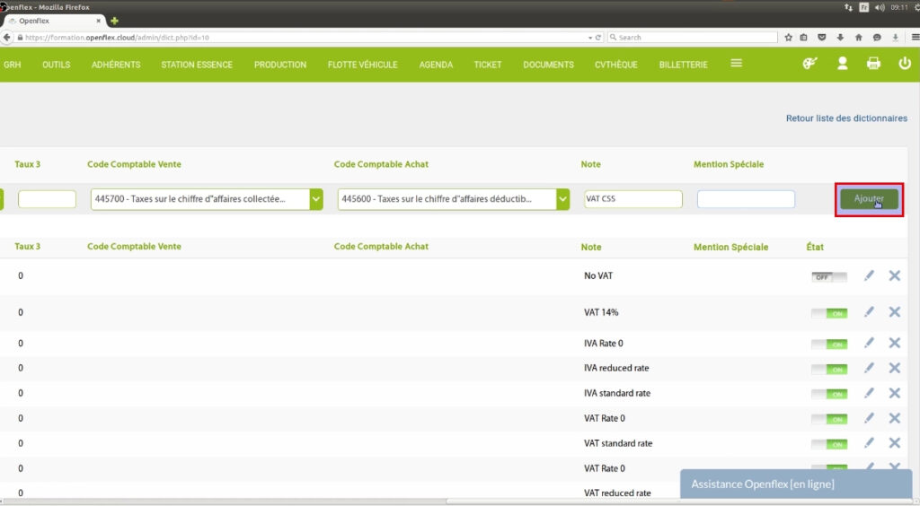 Ajout de taxes dans le dictionnaire-ajouter
openflex
