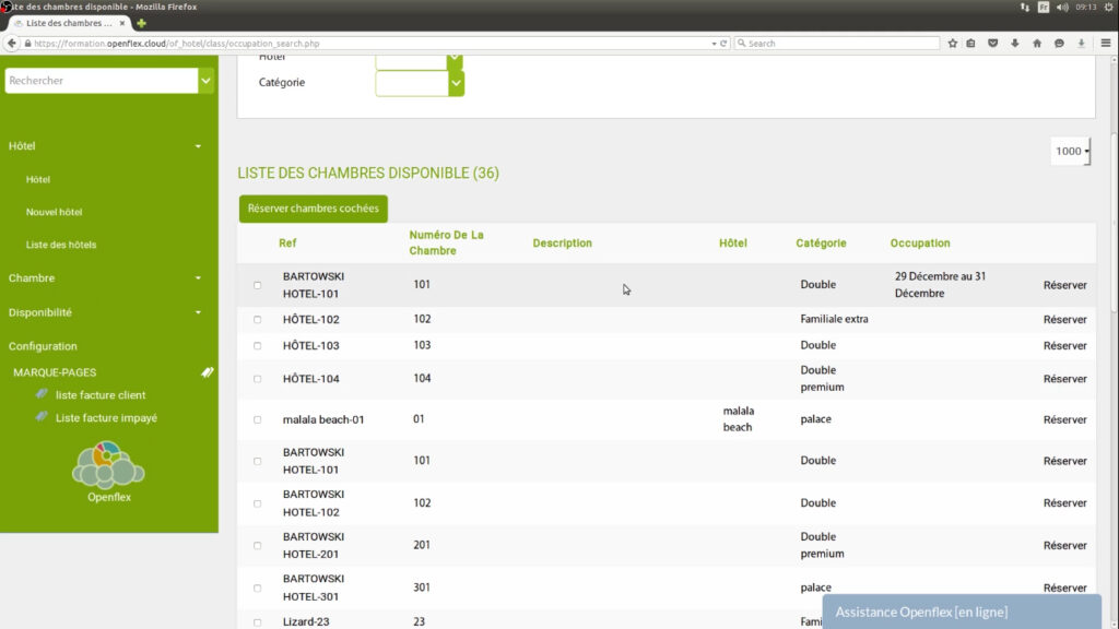 Enregistrement d’une réservation liste de chambre openflex