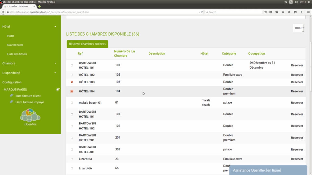 Enregistrement d’une réservation chambres à réserver openflex