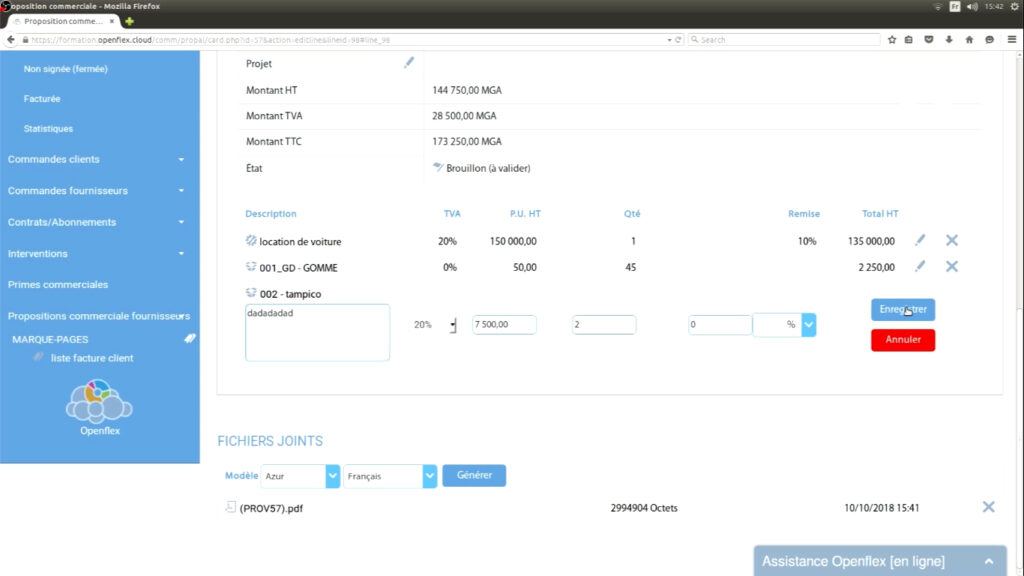 Édition d’une proposition commerciale enregistrer openflex