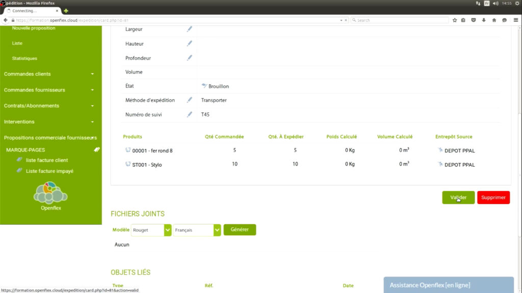 Édition d’un bon d’expédition et de réception  valider openflex