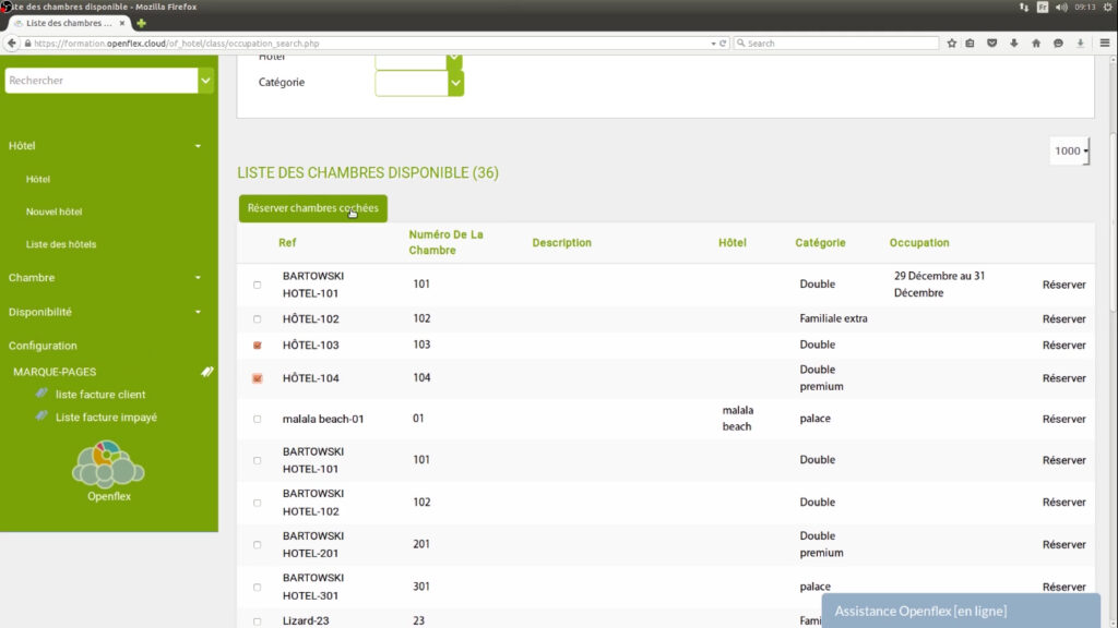 Enregistrement d’une réservation réserver chambres cochées openflex