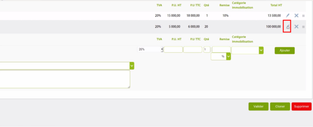 facture fournisseur-crayon pour modifier une ligne de facture