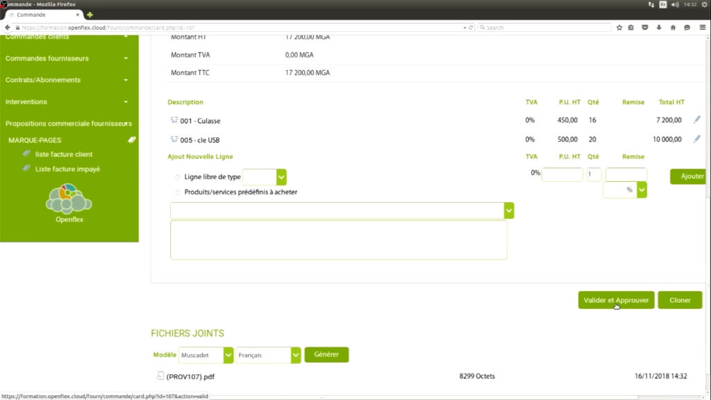 Création d’une commande fournisseurs valider et approuver openflex