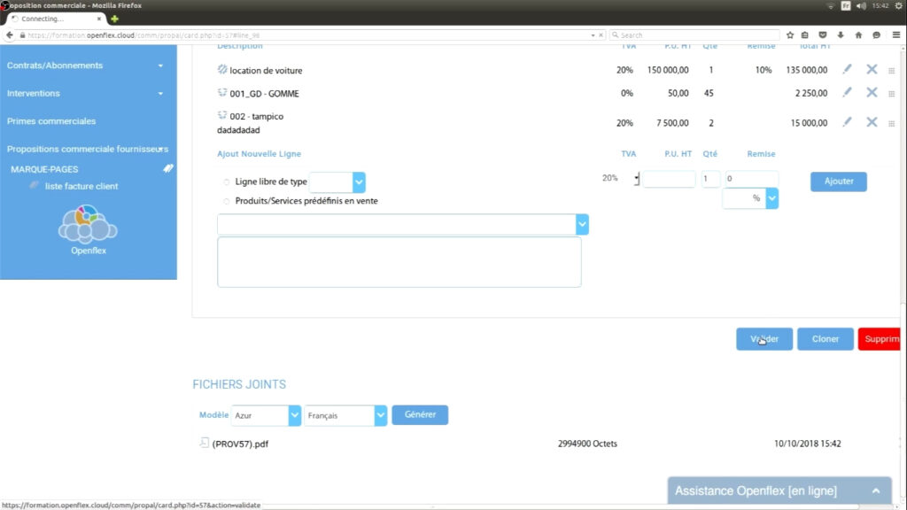 Édition d’une proposition commerciale valider openflex