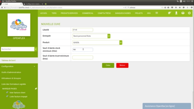 Configuration du module station essence  seuil d’alerte stock minimum openflex