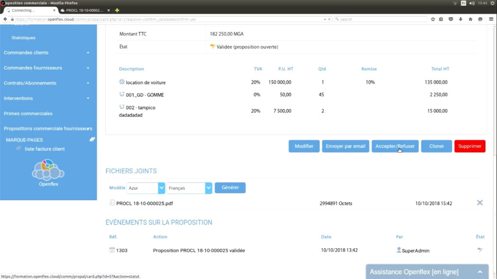 Édition d’une proposition commerciale accepter /refuser openflex