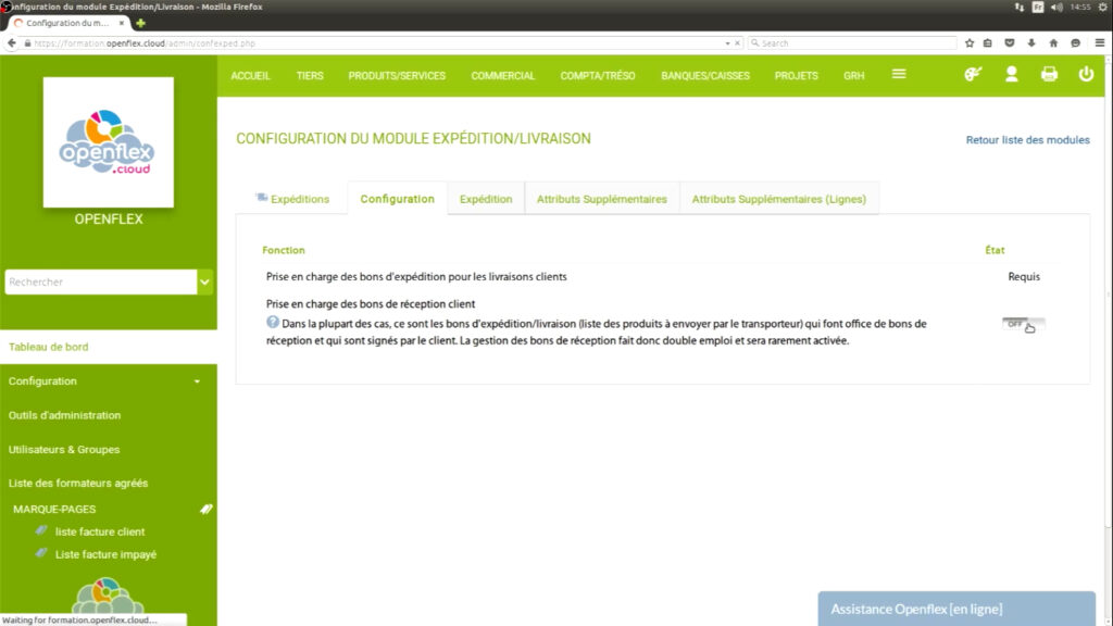 Édition d’un bon d’expédition et de réception Mettez sur « on » la prise en charge openflex
