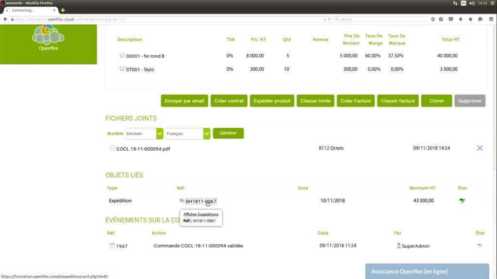 Édition d’un bon d’expédition et de réception référence openflex