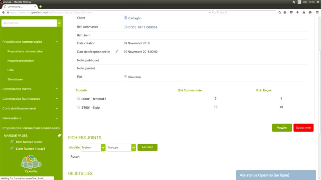 Édition d’un bon d’expédition et de réception valider openflex