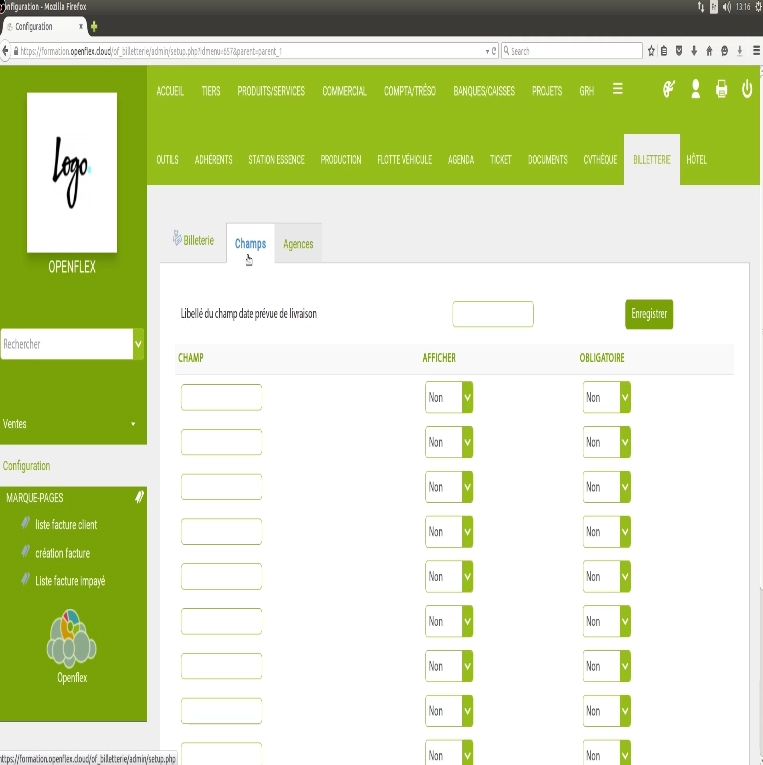 Configuration du module billetterie- champ openflex