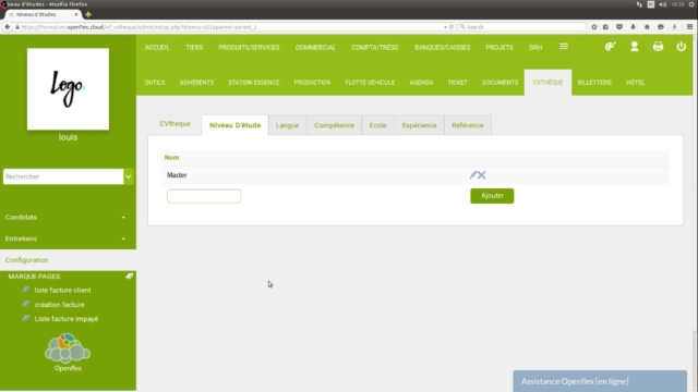 Configurer le module CVthèque remplissez tous les champs existants dans 6 onglets openflex