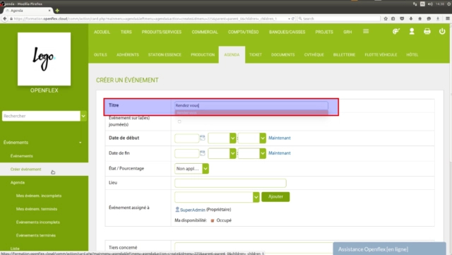 Création d’un événement dans l’agenda-titre openflex
