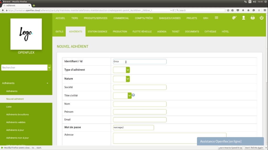 Création d’adhérents-nouvel adhérents openflex