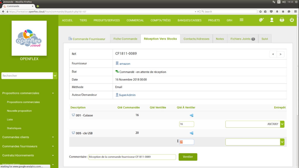 Réception des commandes fournisseurs quantité openflex