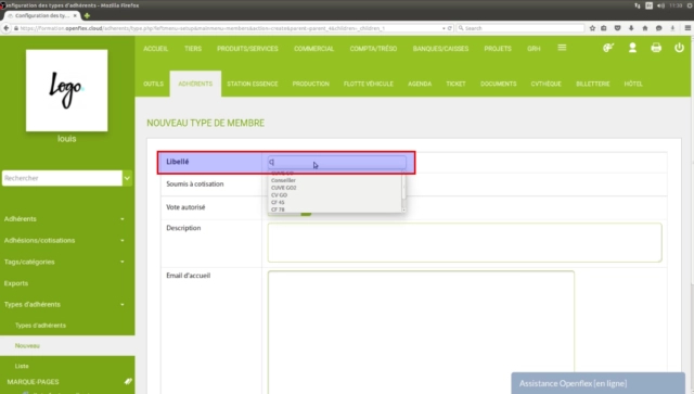 Création d’un type d’adhérent-libellé openflex
