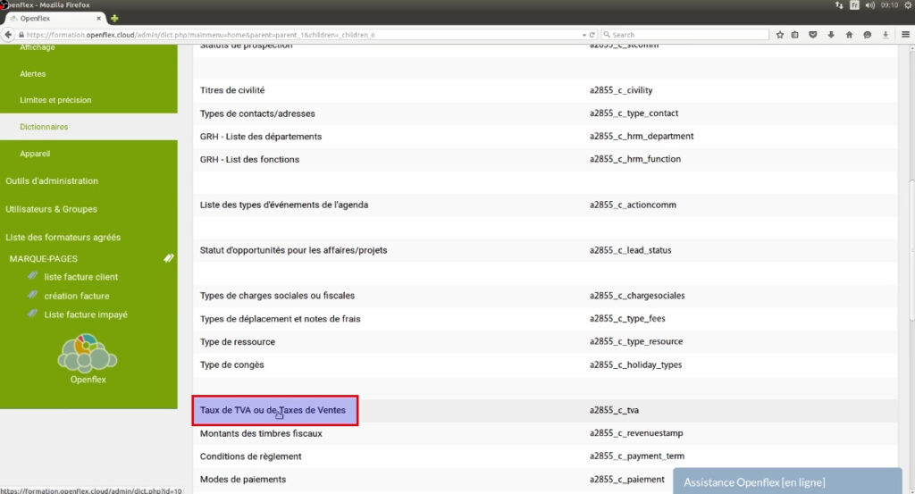 Ajout de taxes dans le dictionnaire-TVA openflex
