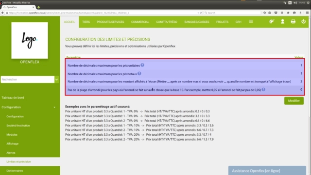 Configuration des limites et précisions-paramètre openflex