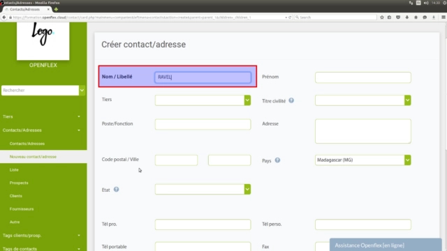 création de contact tiers-nom/libellé openflex