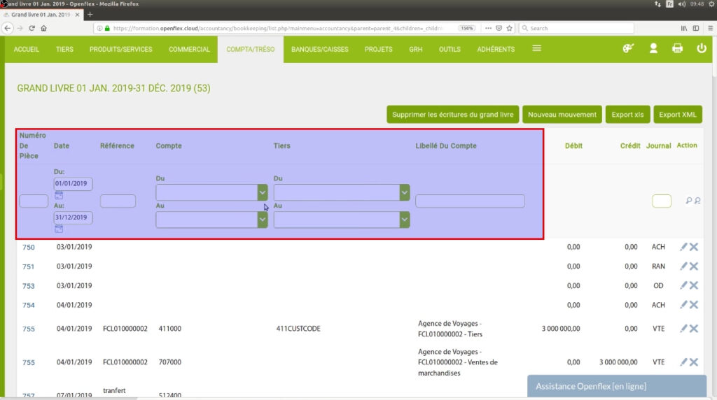 Saisie Grand livre-filtre date openflex