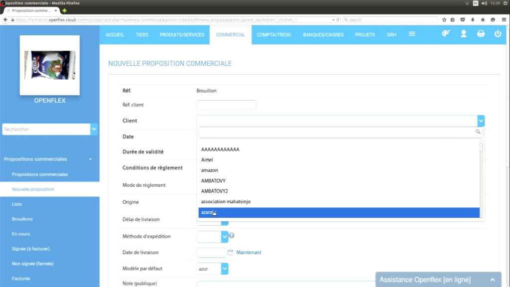 Édition d’une proposition commerciale client openflex