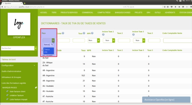 Ajout de taxes dans le dictionnaire-pays openflex