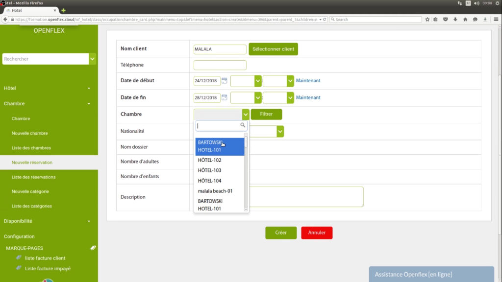 Enregistrement d’une réservation chambre openflex