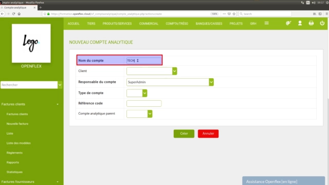 Création d’un compte analytique-nom du compte openflex