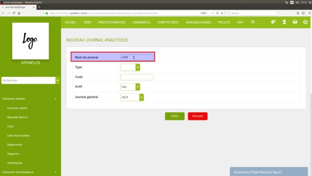 Création d’un journal analytique-nom du  journal openflex
