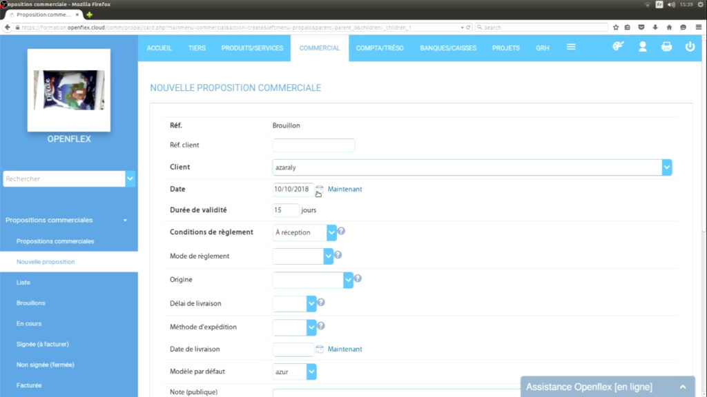 Édition d’une proposition commerciale date openflex