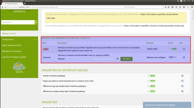 Configuration du module Support client-modèle de numérotation openflex