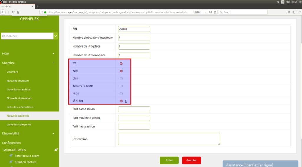 création d’une catégorie de chambre-case à cocher openflex