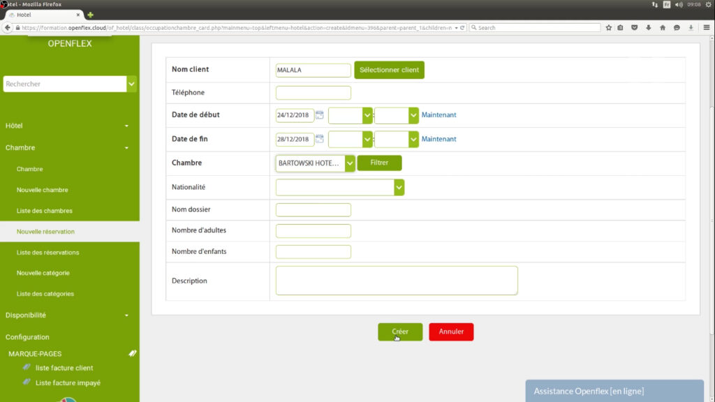 Enregistrement d’une réservation créer openflex