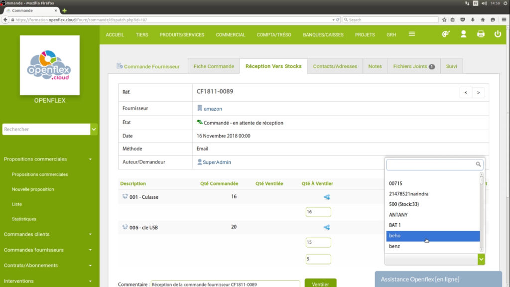 Réception des commandes fournisseurs entrepôt de destination openflex