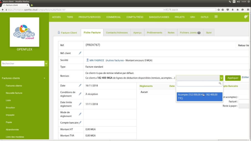 Déduction d’un acompte d’une facture acompte openflex