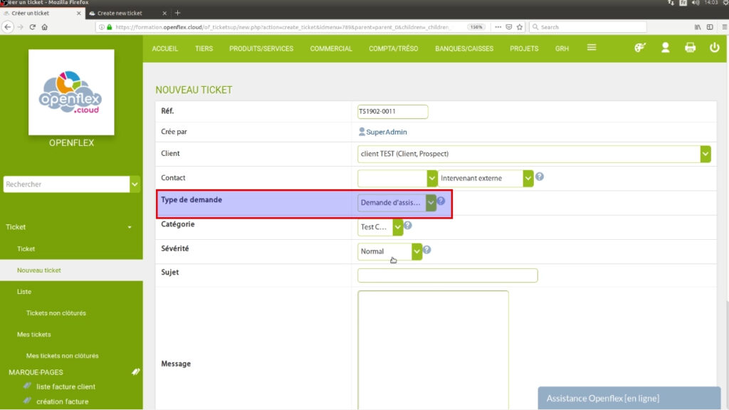 création de ticket- type de demande