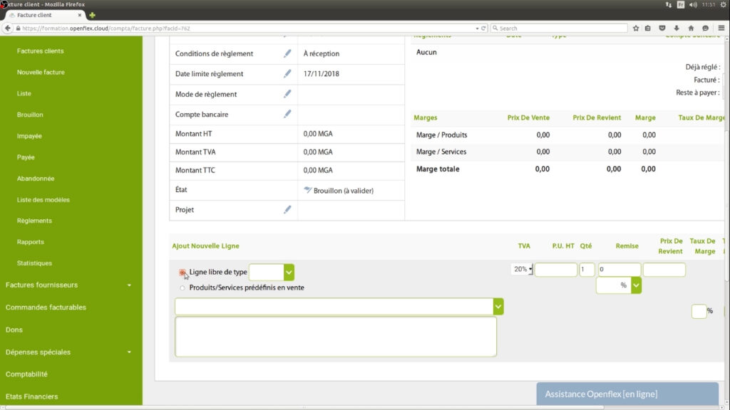 Création d’une facture d’acompte ajout lignes de facture openflex